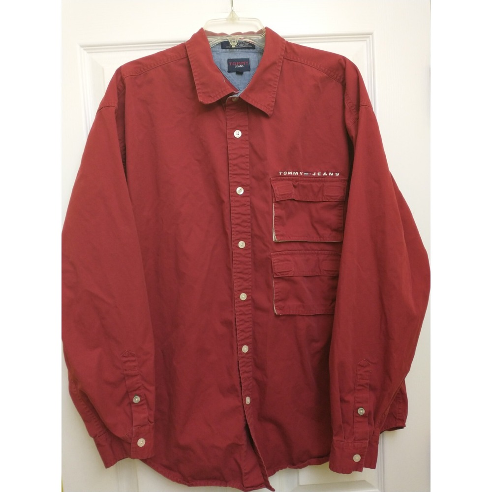 Vintage Men's Tommy Jean‎ Button Up Shirt Cargo Pockets Red XXL